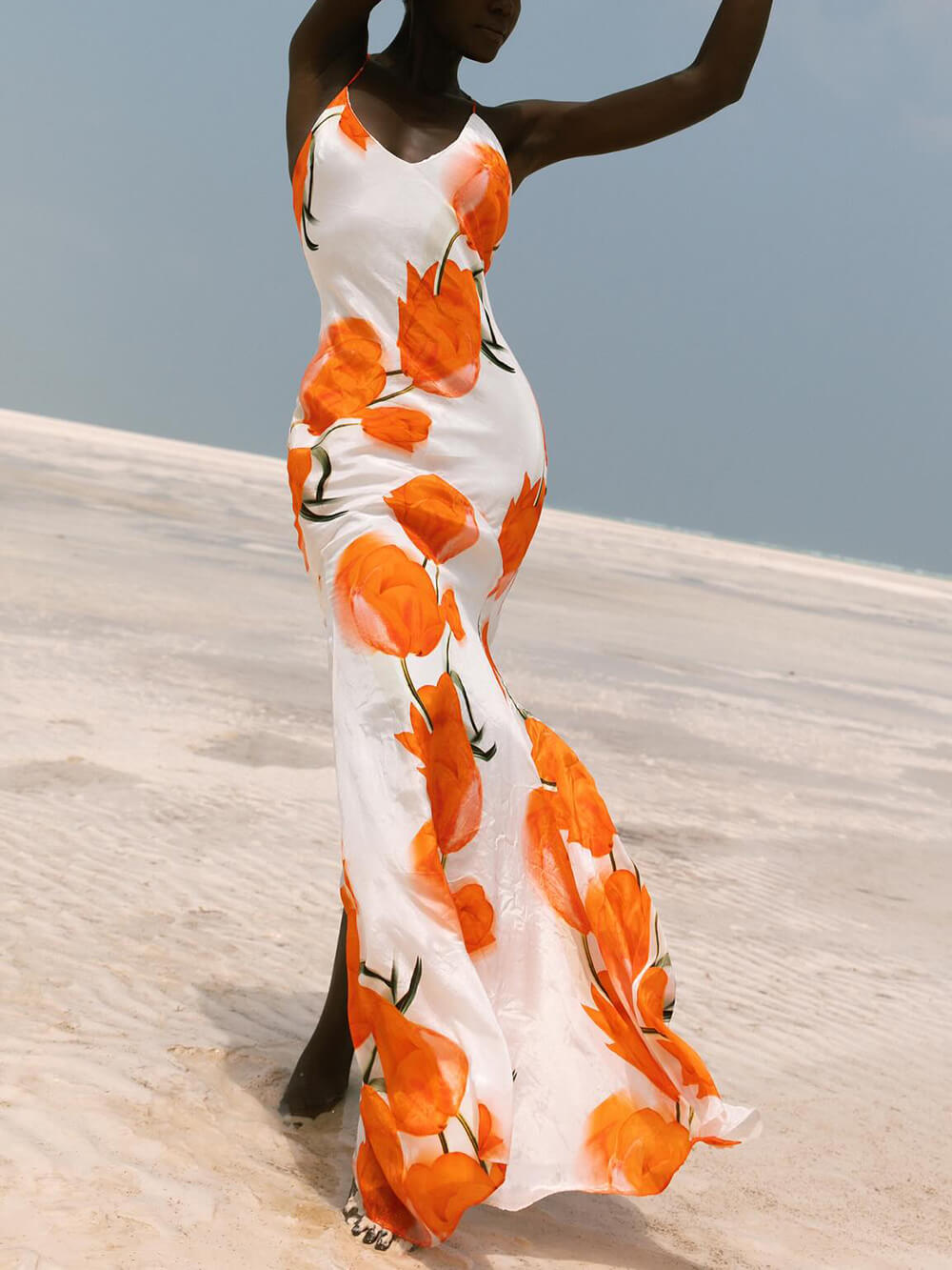 Exquisite Satin Open Back Floral Print Maxi Dress