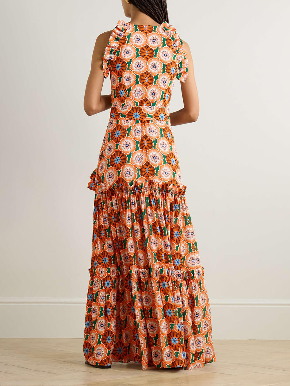 Retro Tie-Waist Ruffled Printed Crinkle Chiffon Maxi Dress