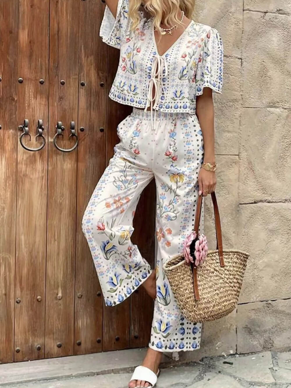 Unique Floral Print Tie-Front Top High-Waist Straight-Leg Pants Set