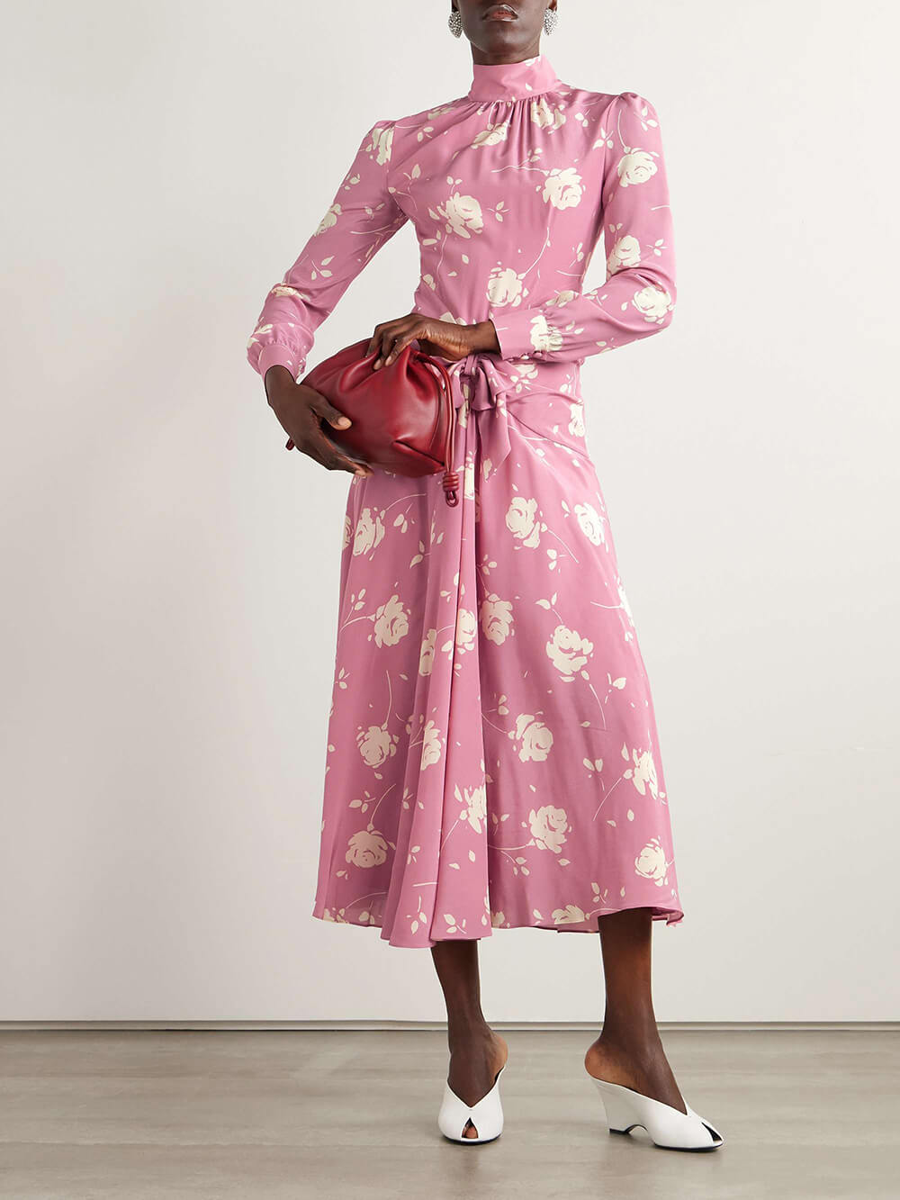 Retro Bow-Embellished Gathered Floral Print Midi Dress