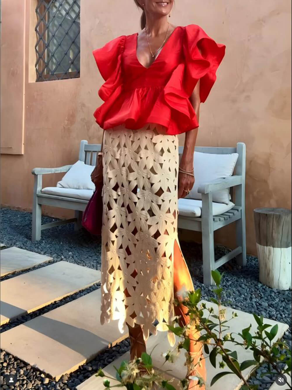 Retro Lace Floral Split Midi Skirt