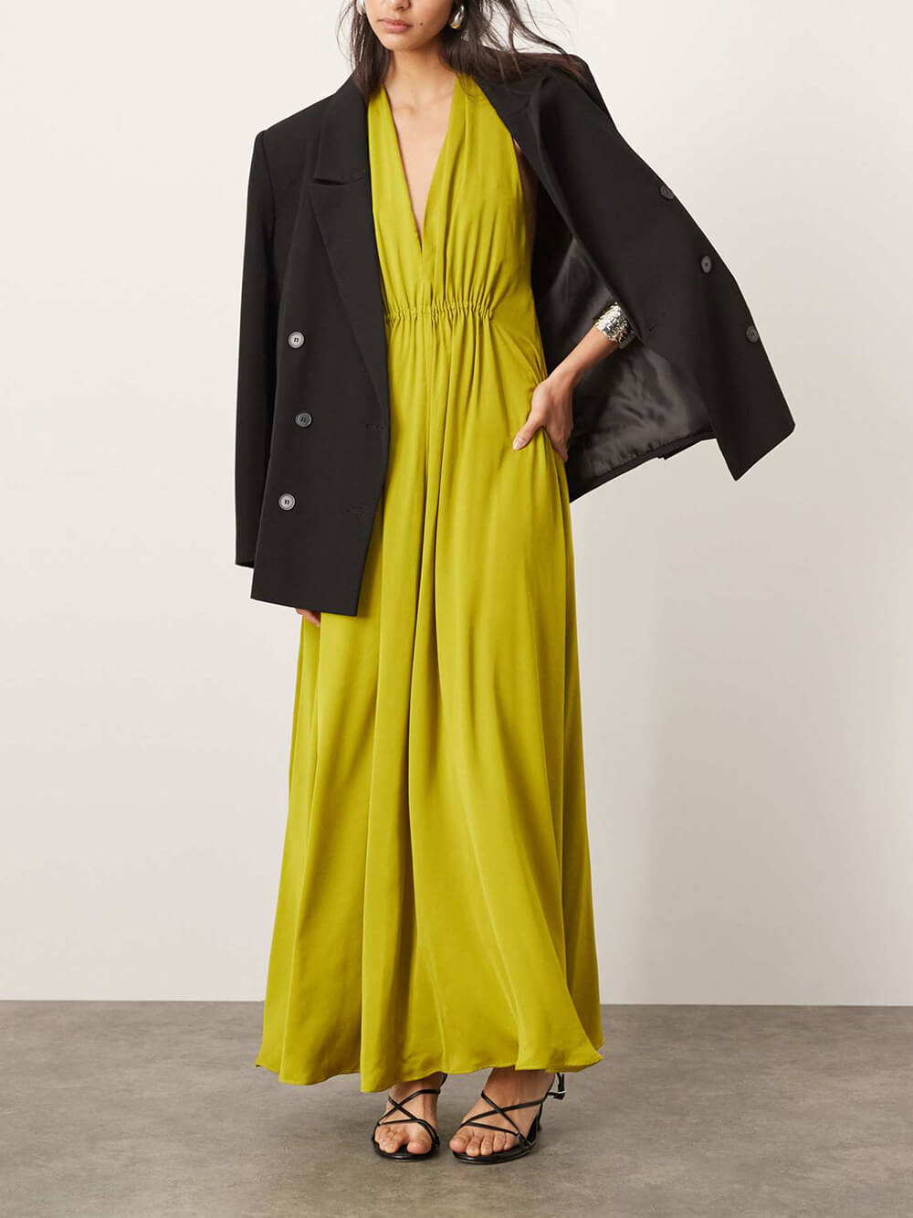 Elegant Modern Ruched Satin Pocket Backless Maxi Dress