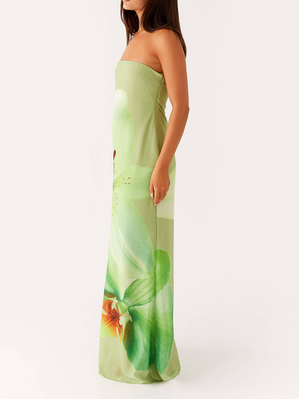 Elegant Satin Unique Floral Print Off Shoulder Maxi Dress