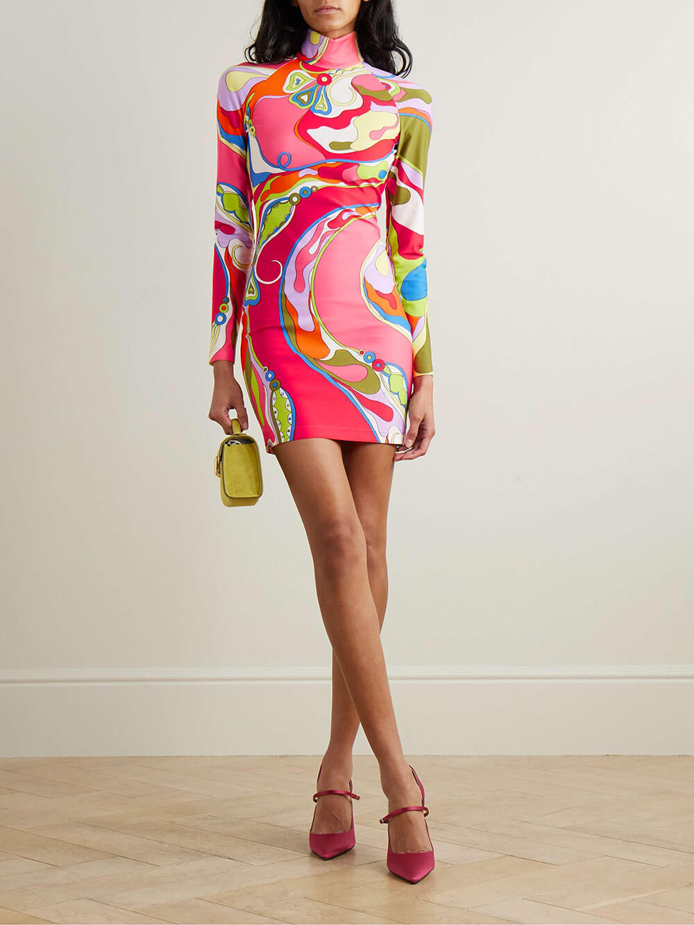 Retro Print Stretch Twill Turtleneck Mini Dress