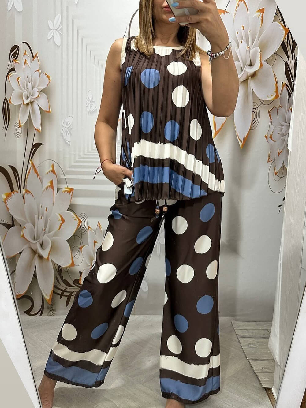 Retro Ruched Circular Print Colorblock Elastic-Waist Pocket Wide-Leg Pants