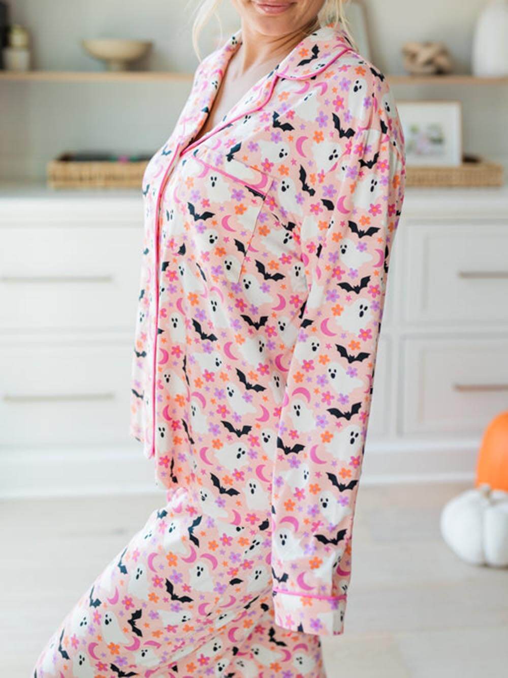 Halloween Eve wearing Haunted Honey Bat Print Pajama Set