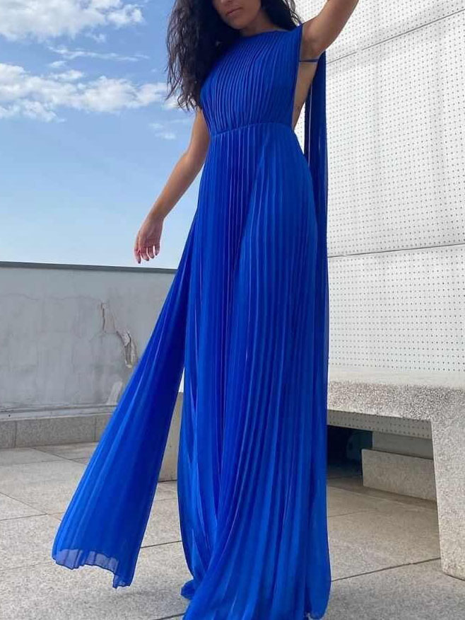 Elegant Open Back Ribbon Pleated Party Maxi Dress