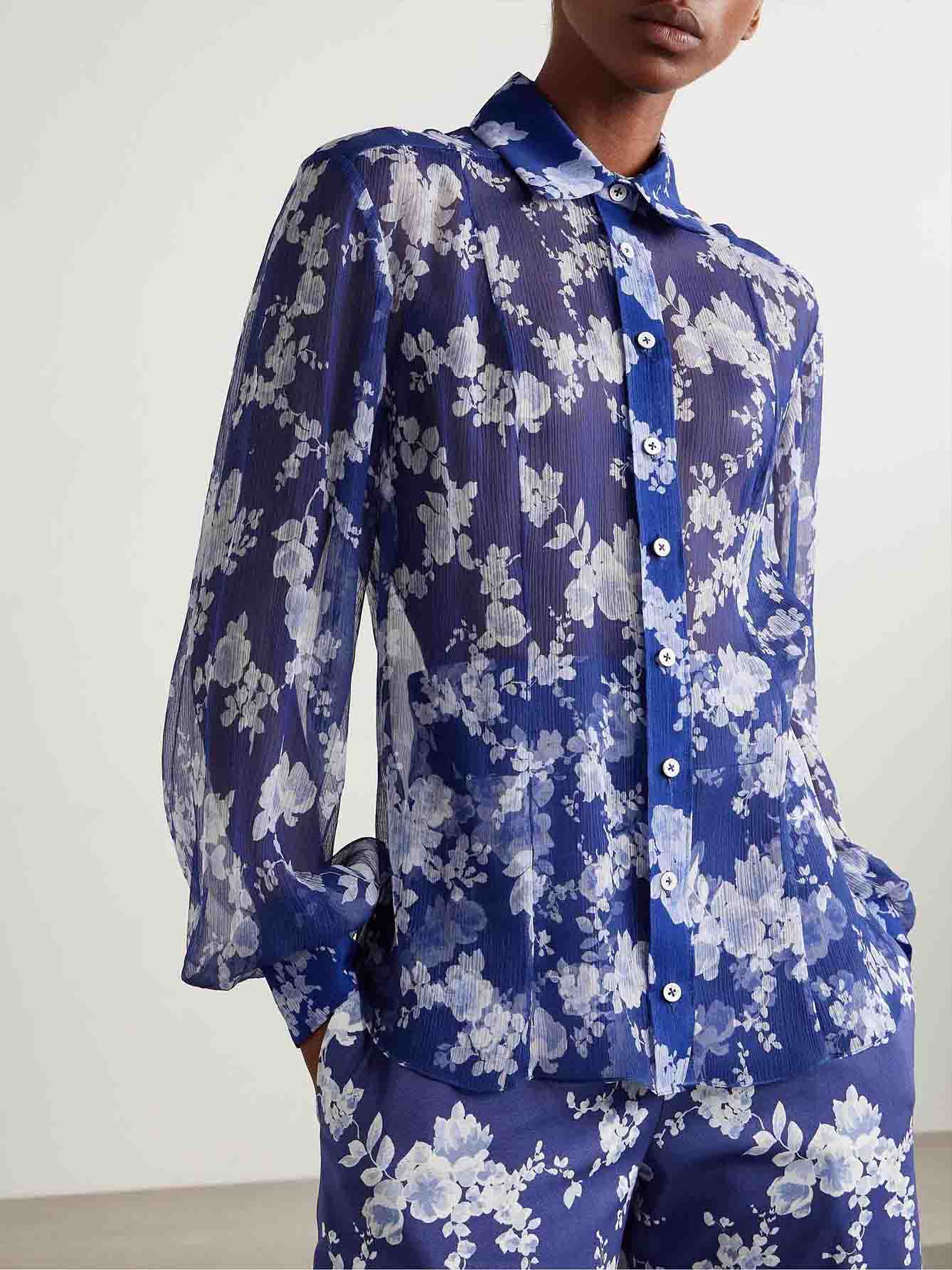 Exquisite Floral Print Chiffon Sheer Long-sleeved Shirt