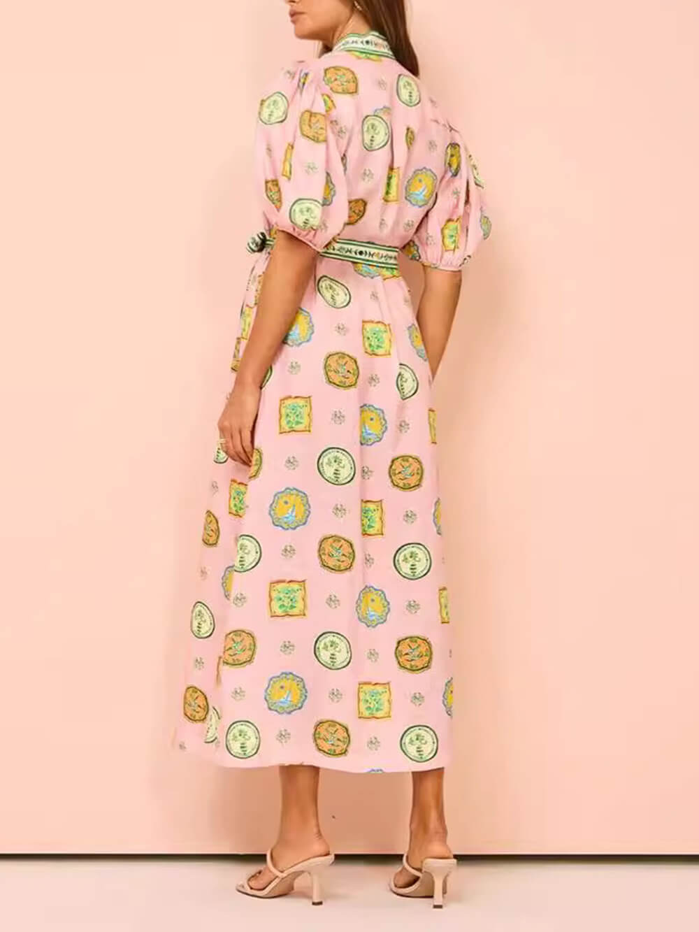 Unique Linen Graffiti Print Lantern Sleeve Maxi Dress
