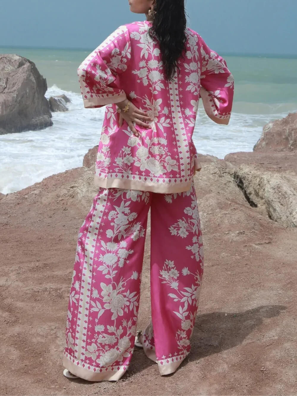 Casual Tropical Bloom Satin Floral Print Patchwork Loose Pocket Wide-Leg Pants