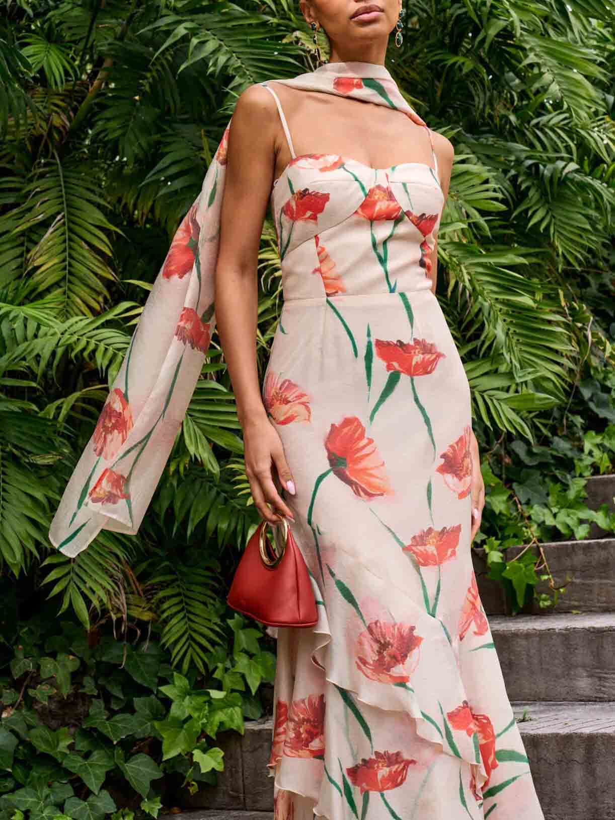 Delicate Orange Floral Print Hem Ruffle Maxi Dress