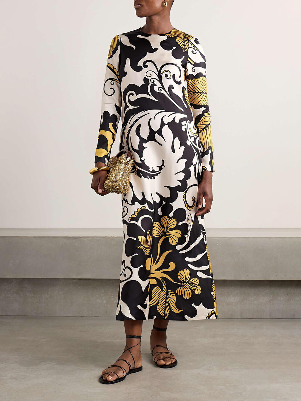 Unique Satin Swing Print Twill Midi Dress