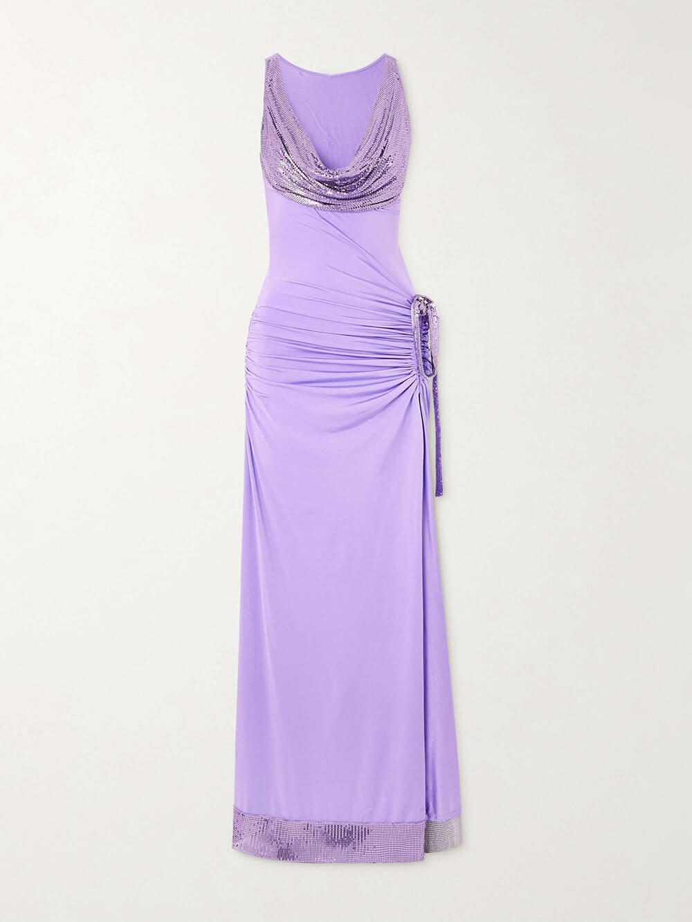 Elegant Sequin-Trim Pleated Satin Knit Maxi Dress