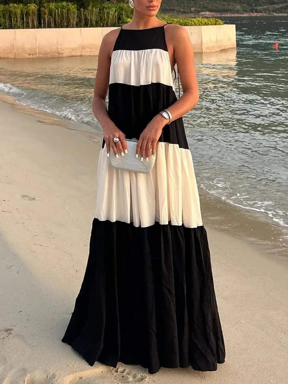 Casual Colorblock Tie-strap Gathered Tiers A-line Maxi Dress