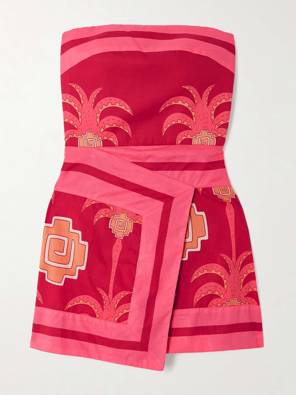 Retro Palm Print Ruched Cut-Out Back Strapless Mini Dress