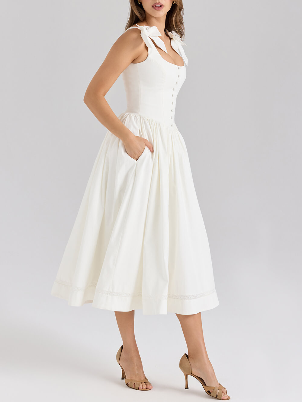 Retro Drape Bow Pleated Midi Dress