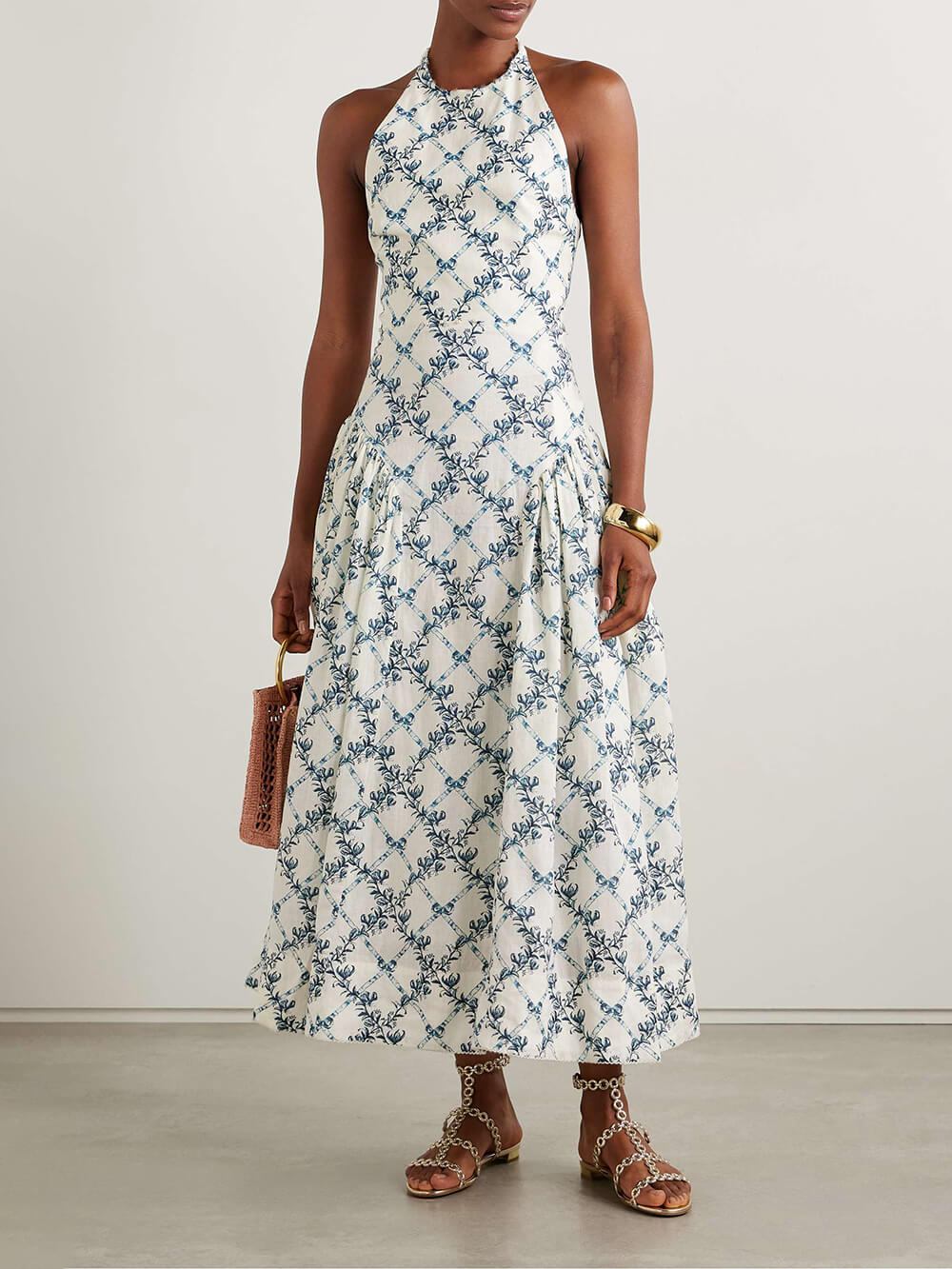 Elegant Floral Print Linen Halter Midi Dress