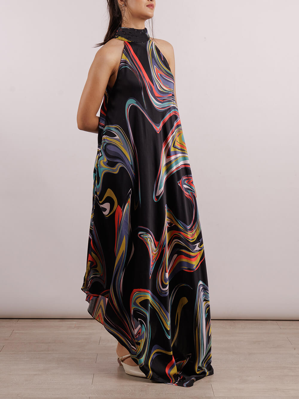 Casual Unique Galaxy Print Asymmetric Halter Long Dress