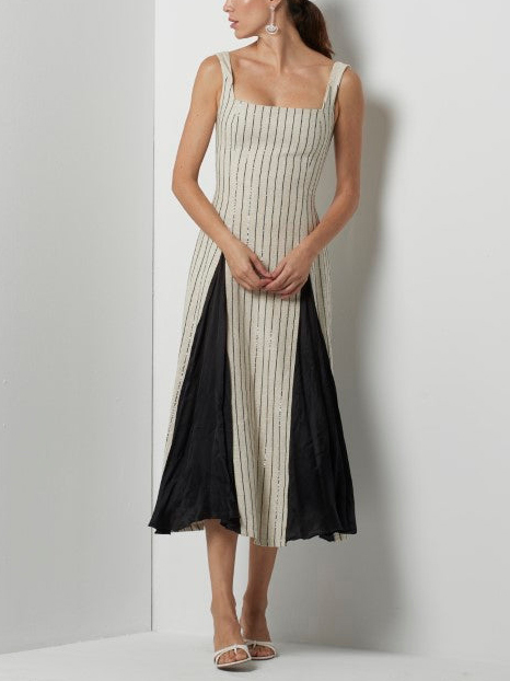Elegant Flared Maxi Dress In Pinstripe Paneling
