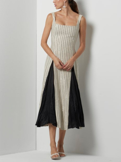 Elegant Flared Maxi Dress In Pinstripe Paneling