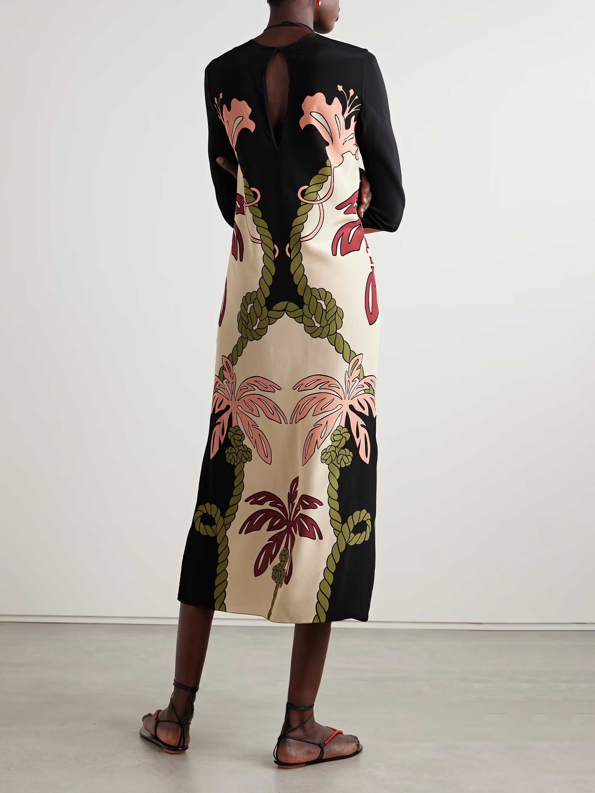 Elegant Palm Leaf Print Long Sleeve Midi Dress