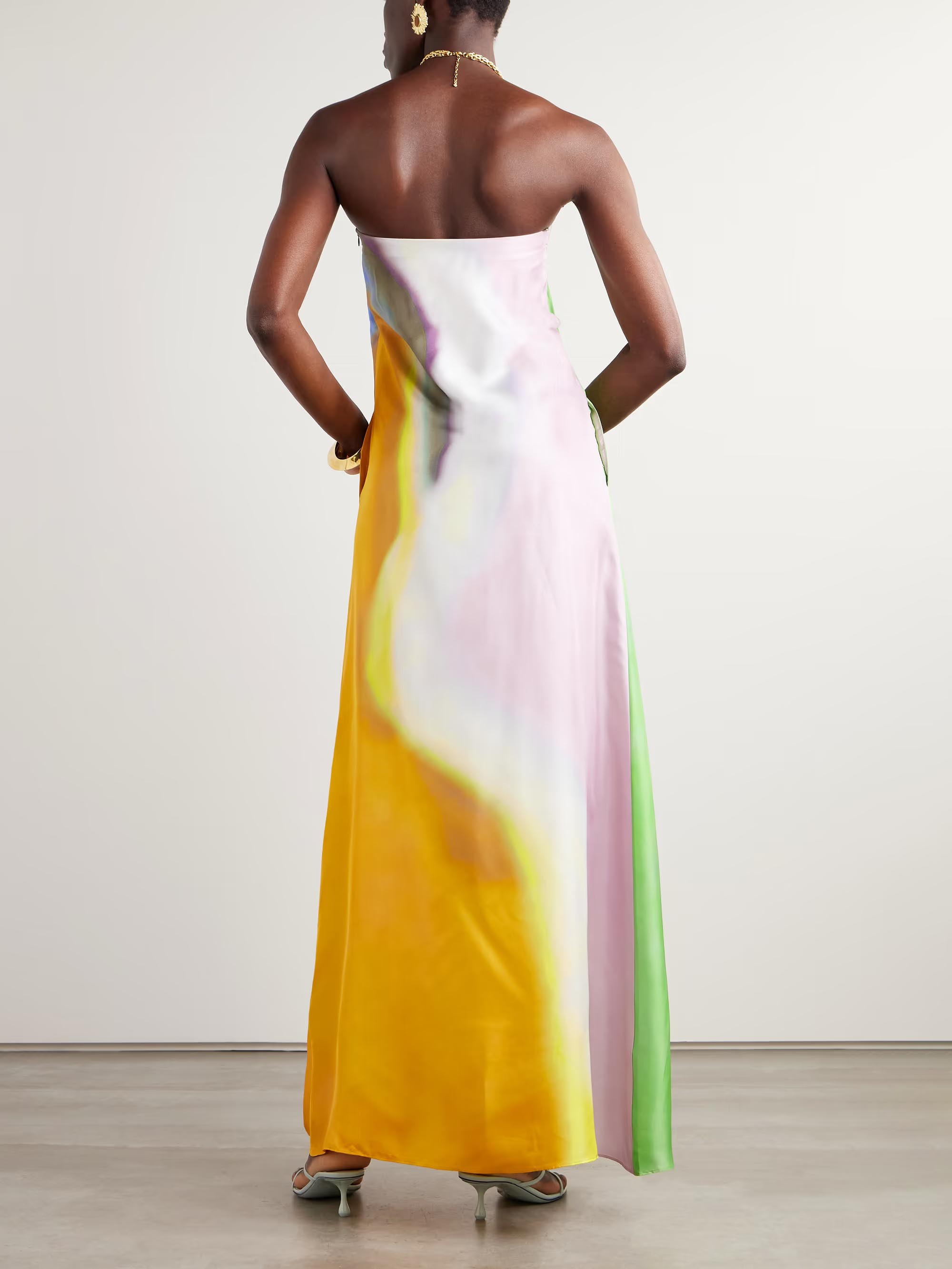 Exquisite Off-the-shoulder Watercolor Print Satin Maxi Dress