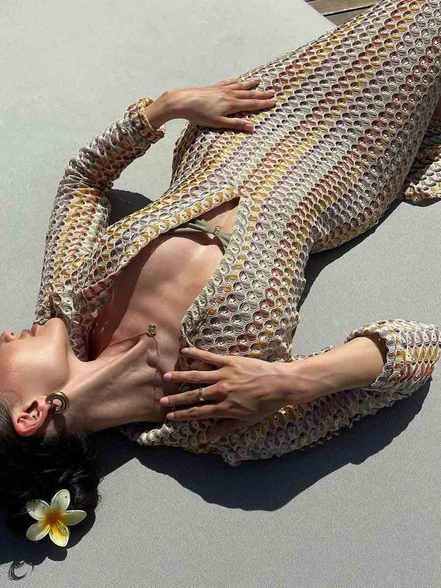 Casual Shirt Collar Slit Wave Stripe Crochet Holiday Maxi Dress