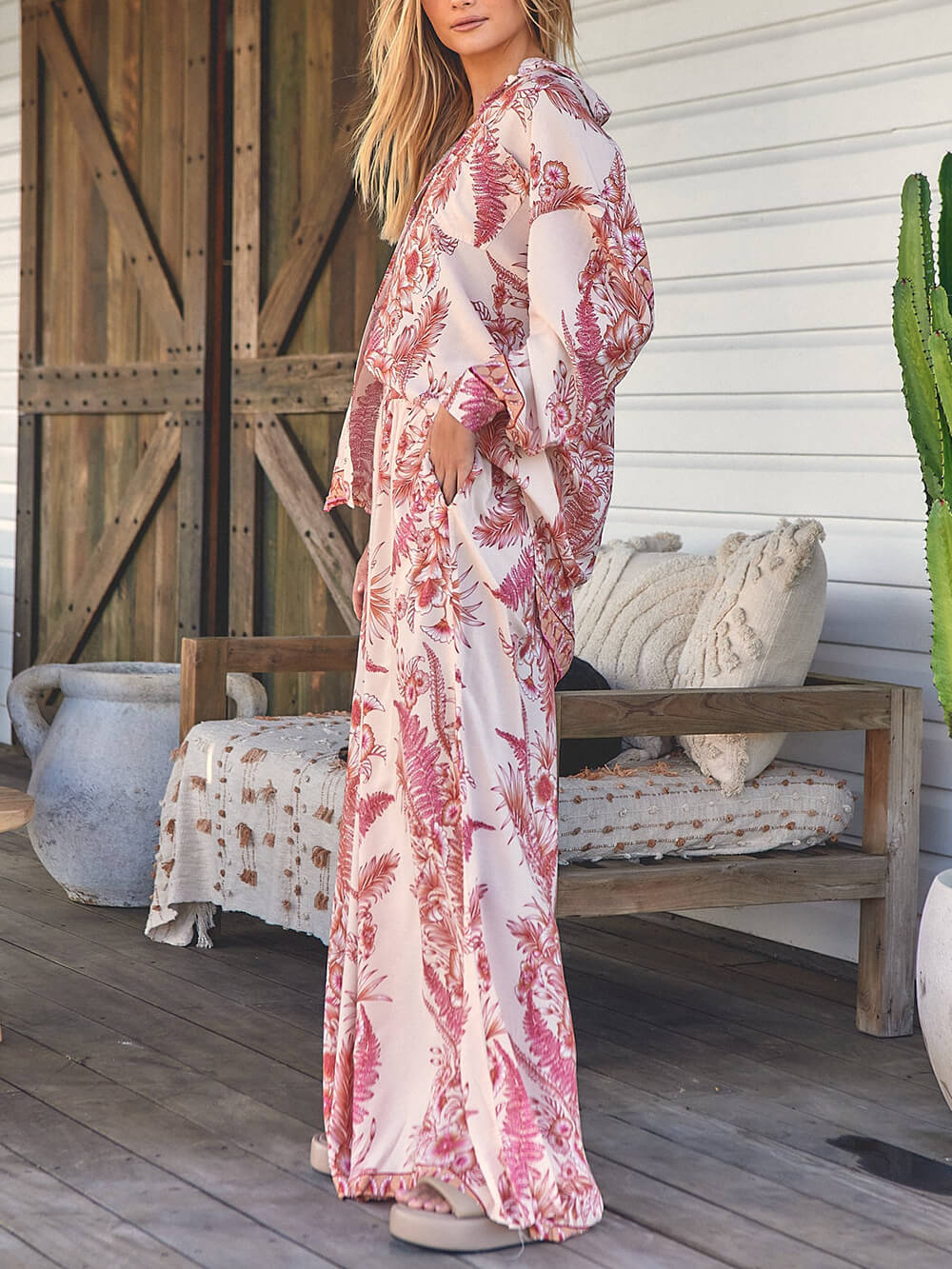 Warm Holiday Floral Printed Loose Button Oversized Shirt