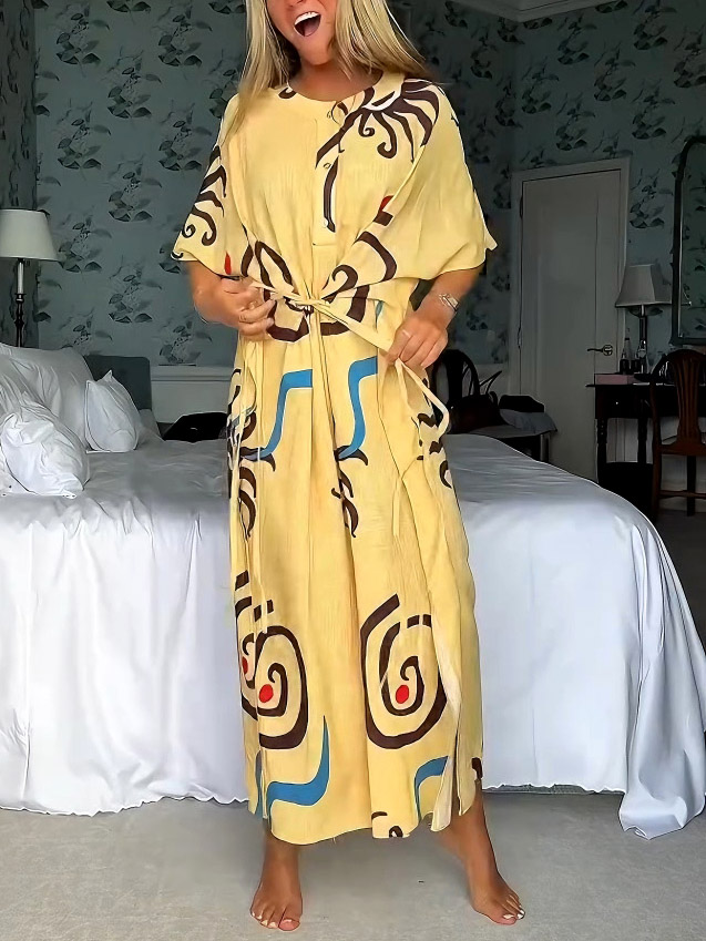Unique Art Sun Floral Print Waist Tie Maxi Dress