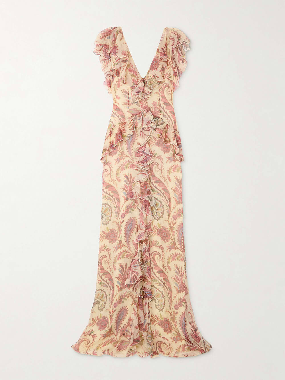 Elegant Ruffled Printed Chiffon-Crepon Maxi Dress