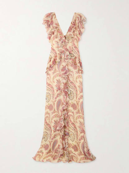 Elegant Ruffled Printed Chiffon-Crepon Maxi Dress
