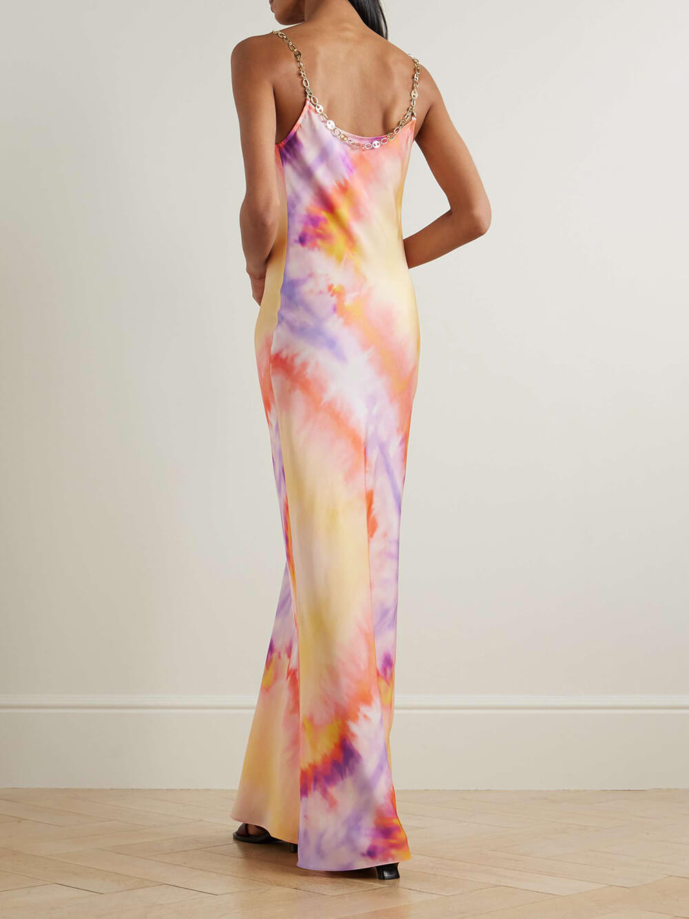 Exquisite Chain-Embellished Tie-Dye Satin Maxi Dress