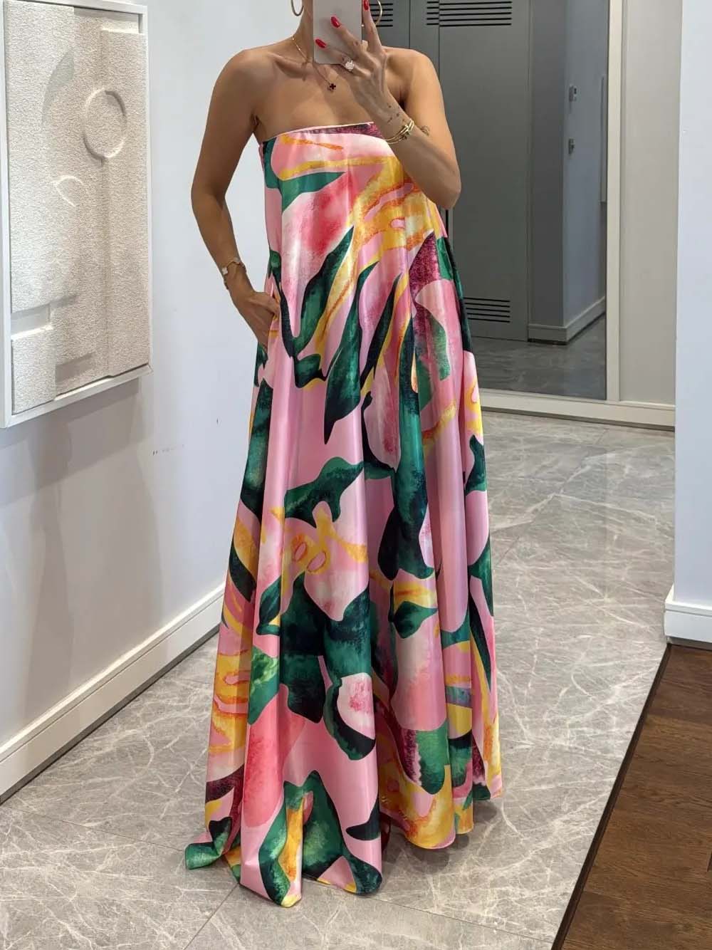 Elegant Wrap-neck Abstract Floral Print Satin Maxi Dress