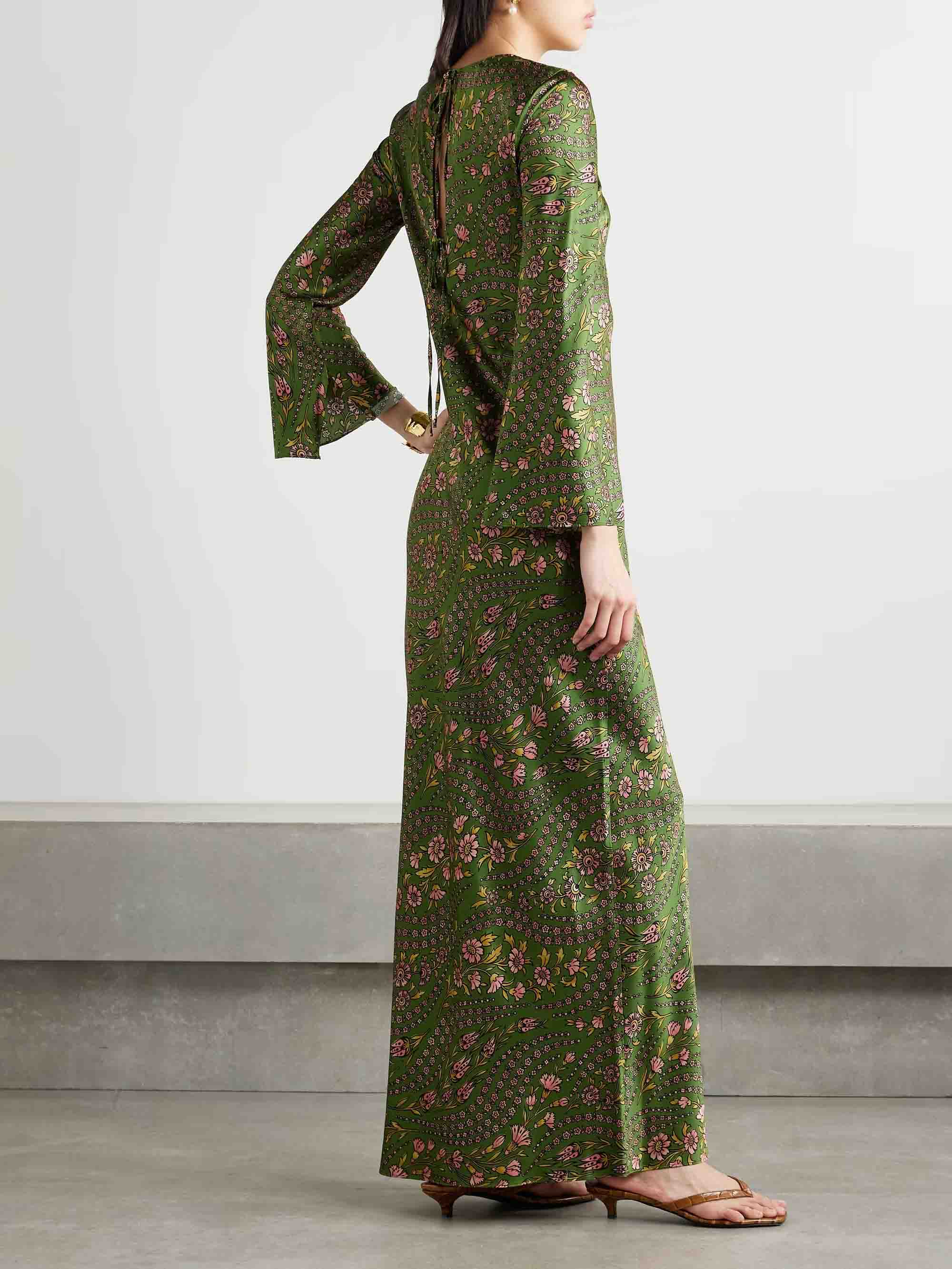 Elegant Floral Print Satin Trumpet Sleeve Maxi Dress