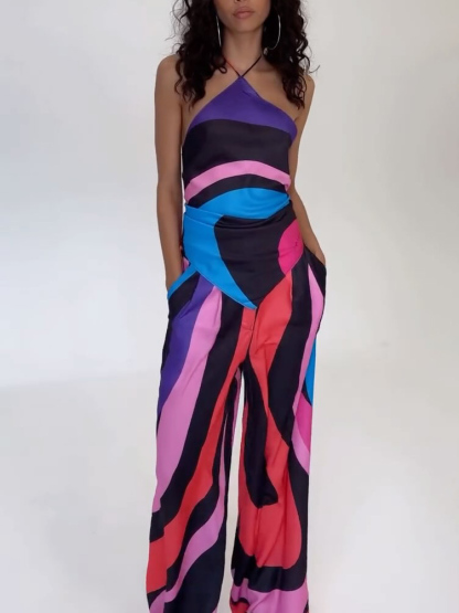 Vibrant Geometric Colorblock Backless Two-piece Suit