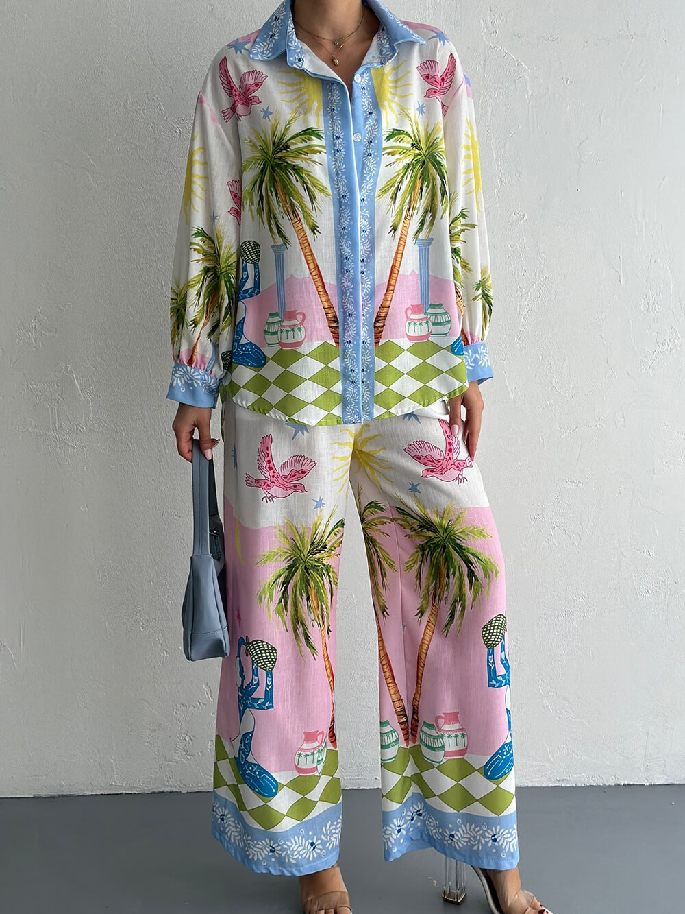 Unique Coastal Palm Tree Print Wide-Leg Pants