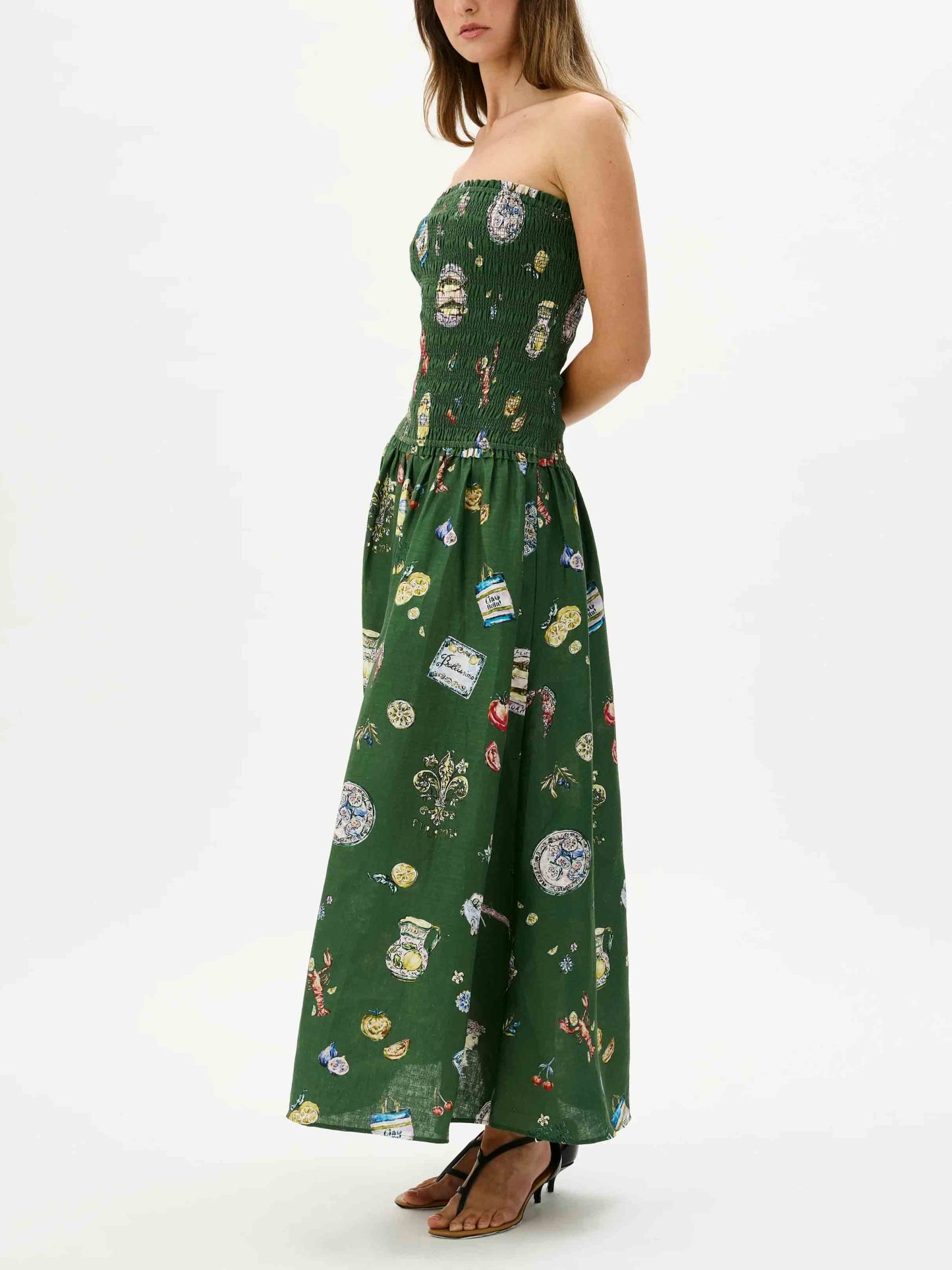 Chic Strapless Smocked Printed Holiday Maxi Dress