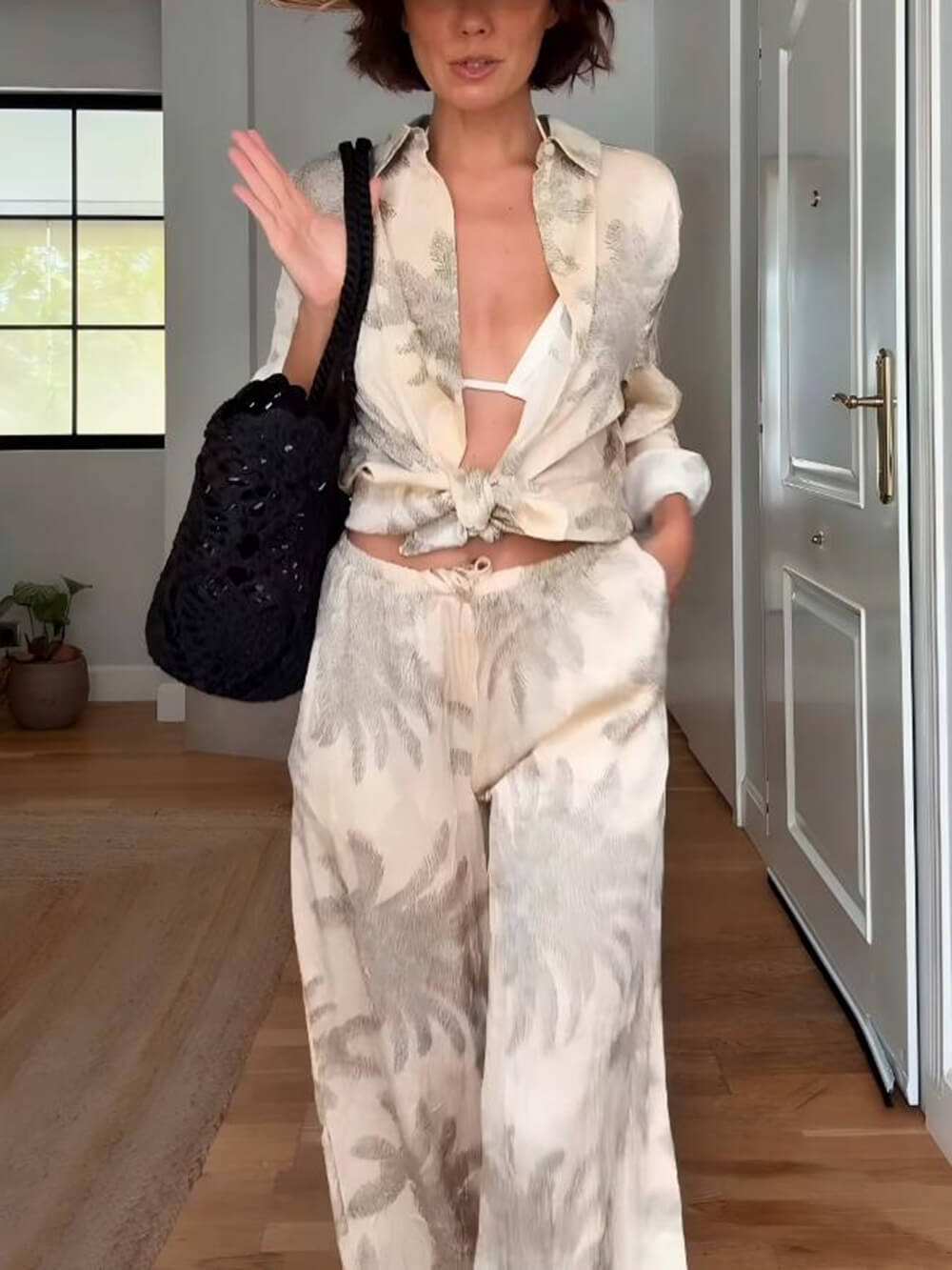 Summer Unique Palm Leaf Print Loose Button-Down Oversized Shirt