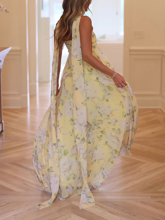 Elegant Off-the-Shoulder Chiffon Printed Scarf Maxi Dress