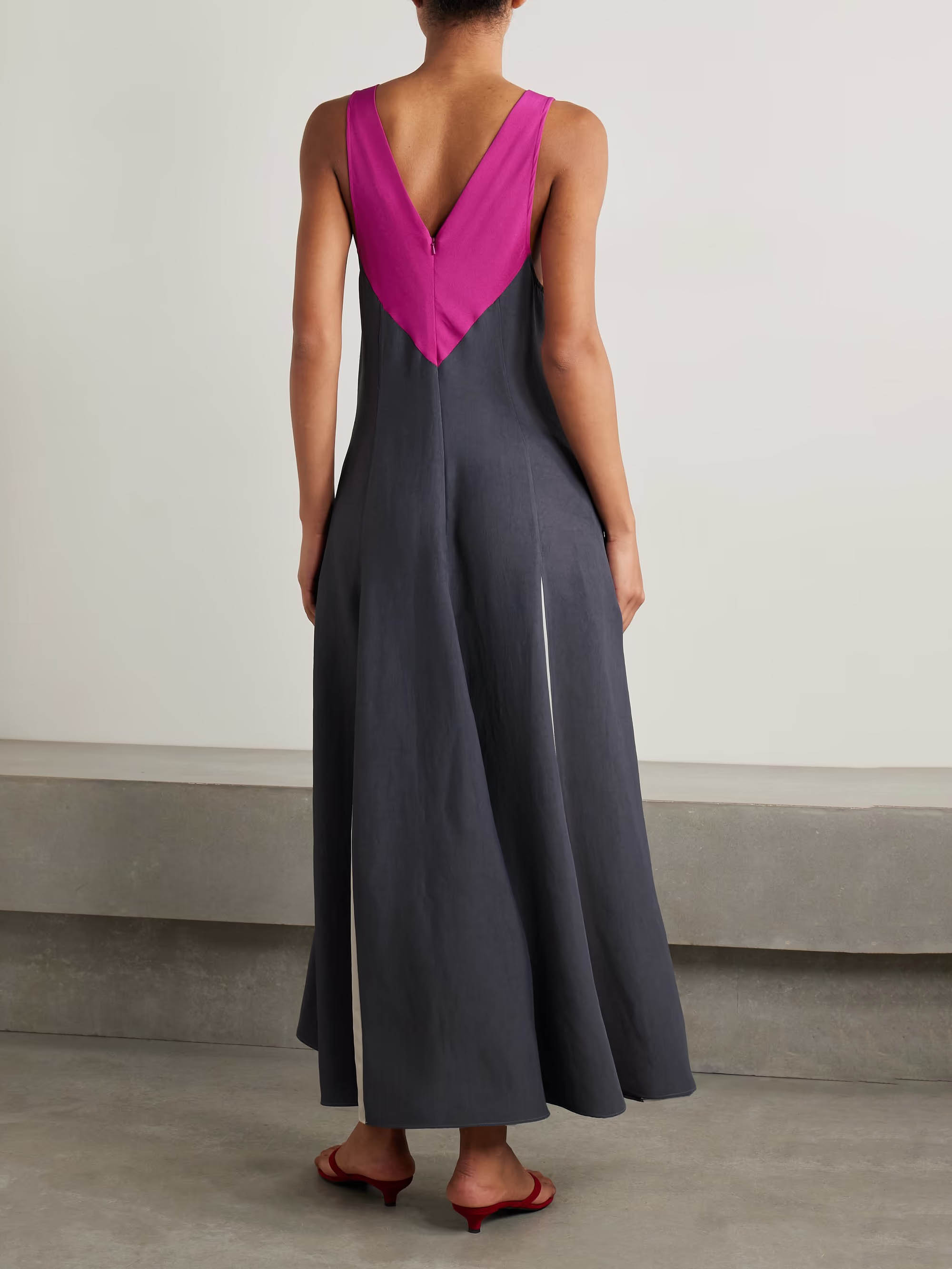 Elegant Patchwork Contrast Color V-neck Maxi Dress