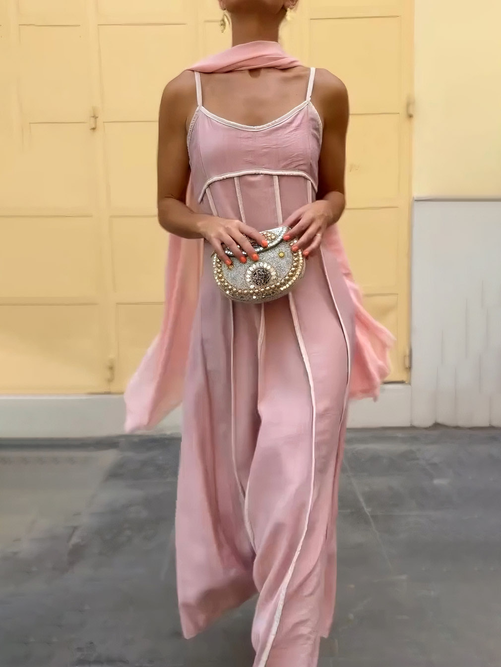 Elegant Draped Spaghetti Strap Maxi Dress With Scarf