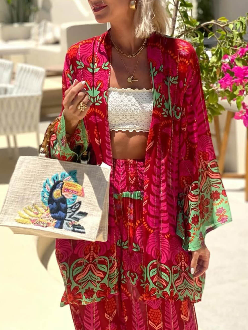 Unique Ethnic Floral Print With Elastic Waist Wide-Leg Pants