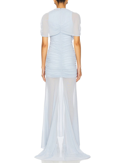 Elegant Ruched Sheer Panel Short-Sleeve Maxi Dress