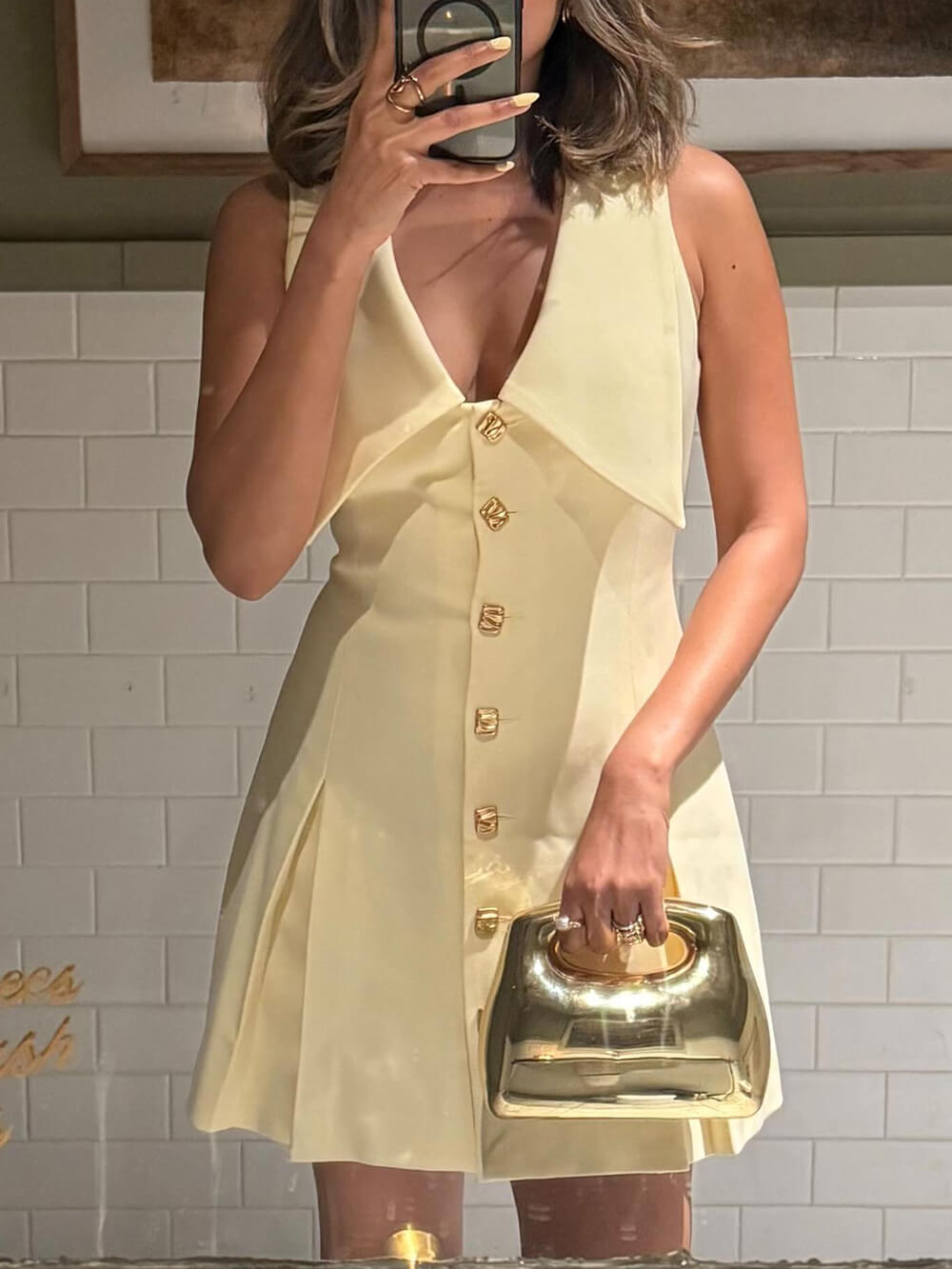 Delicate Button Details Pleated A-Line Mini Dress