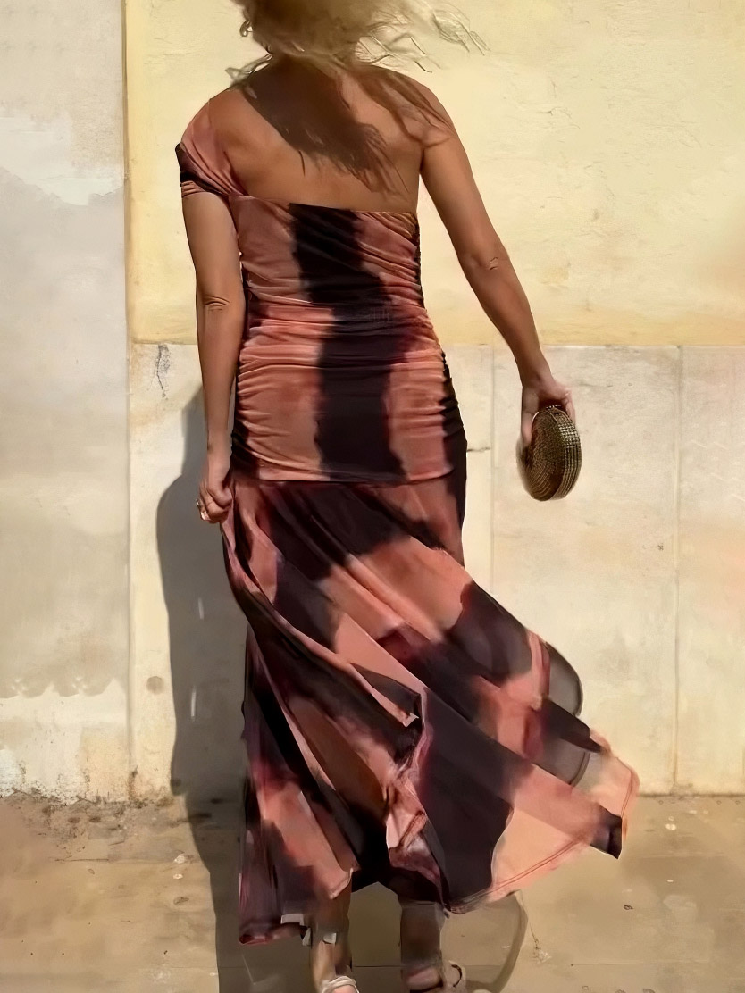 Elegant One-shoulder Tie-dye Striped Print Maxi Dress
