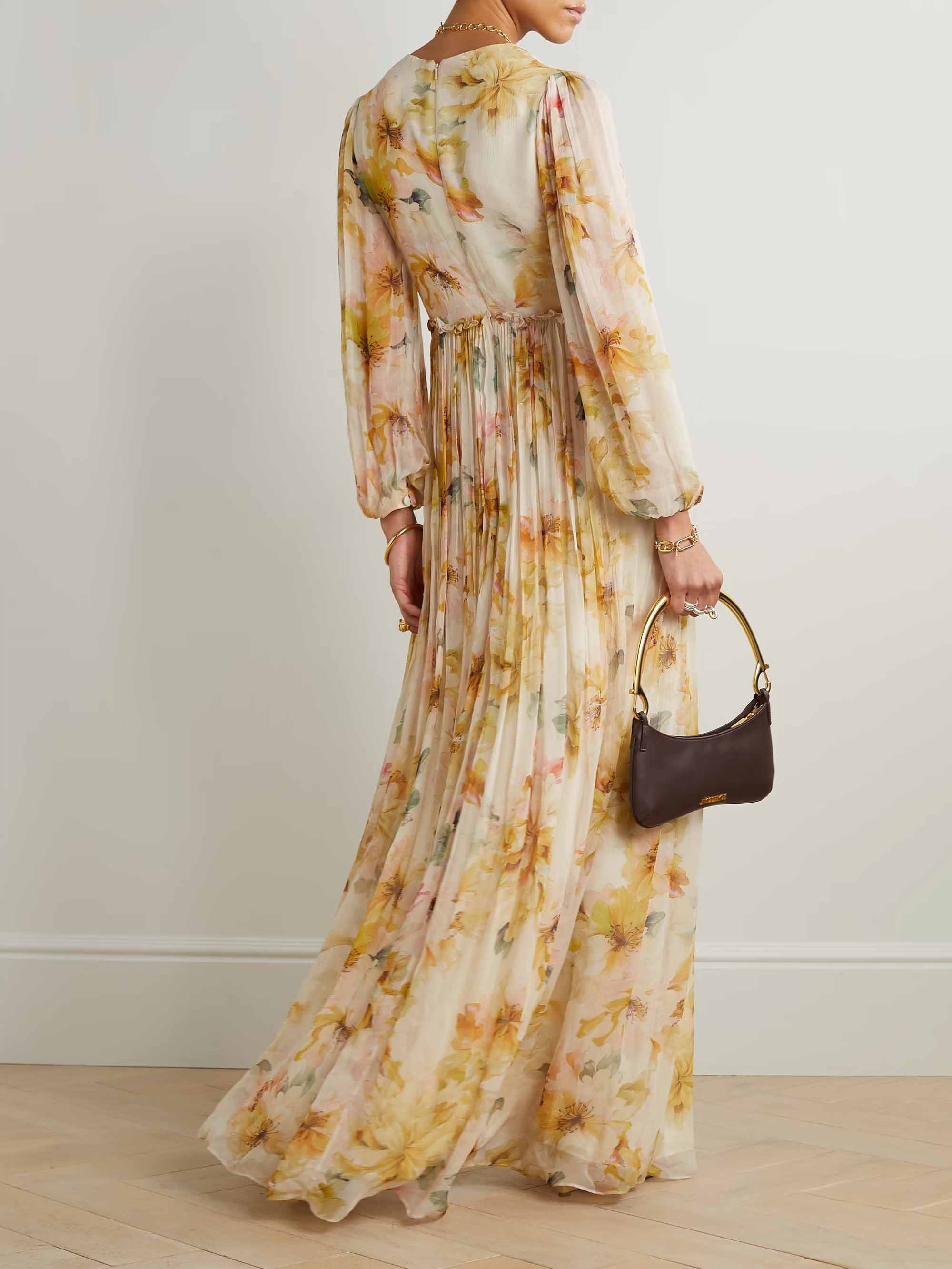 Exquisite V-neck Oil Painting Floral Print Pleated Chiffon Maxi Dress