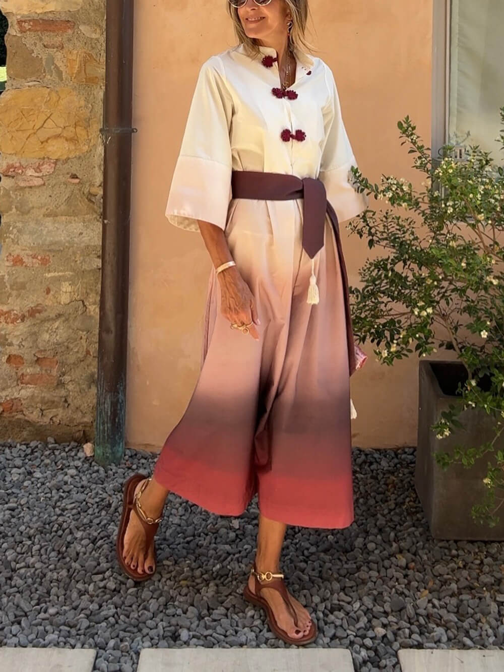 Unique Ombre Print Belted with Three-Quarter Sleeves Midi Dress