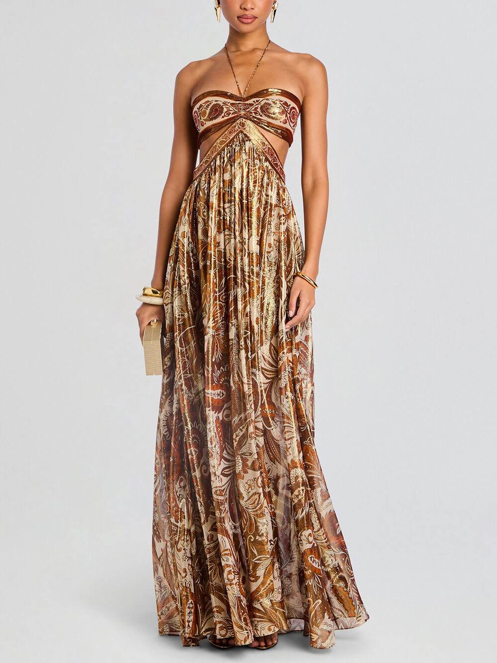 Elegant Hollow Print Halter Neck Backless Maxi Dress