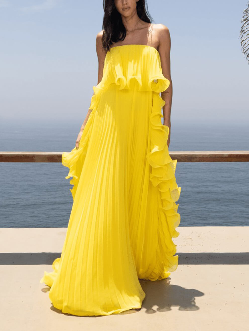 Elegant Chiffon Pleated Wavy Ruffles Trim Strapless Loose Maxi Dress