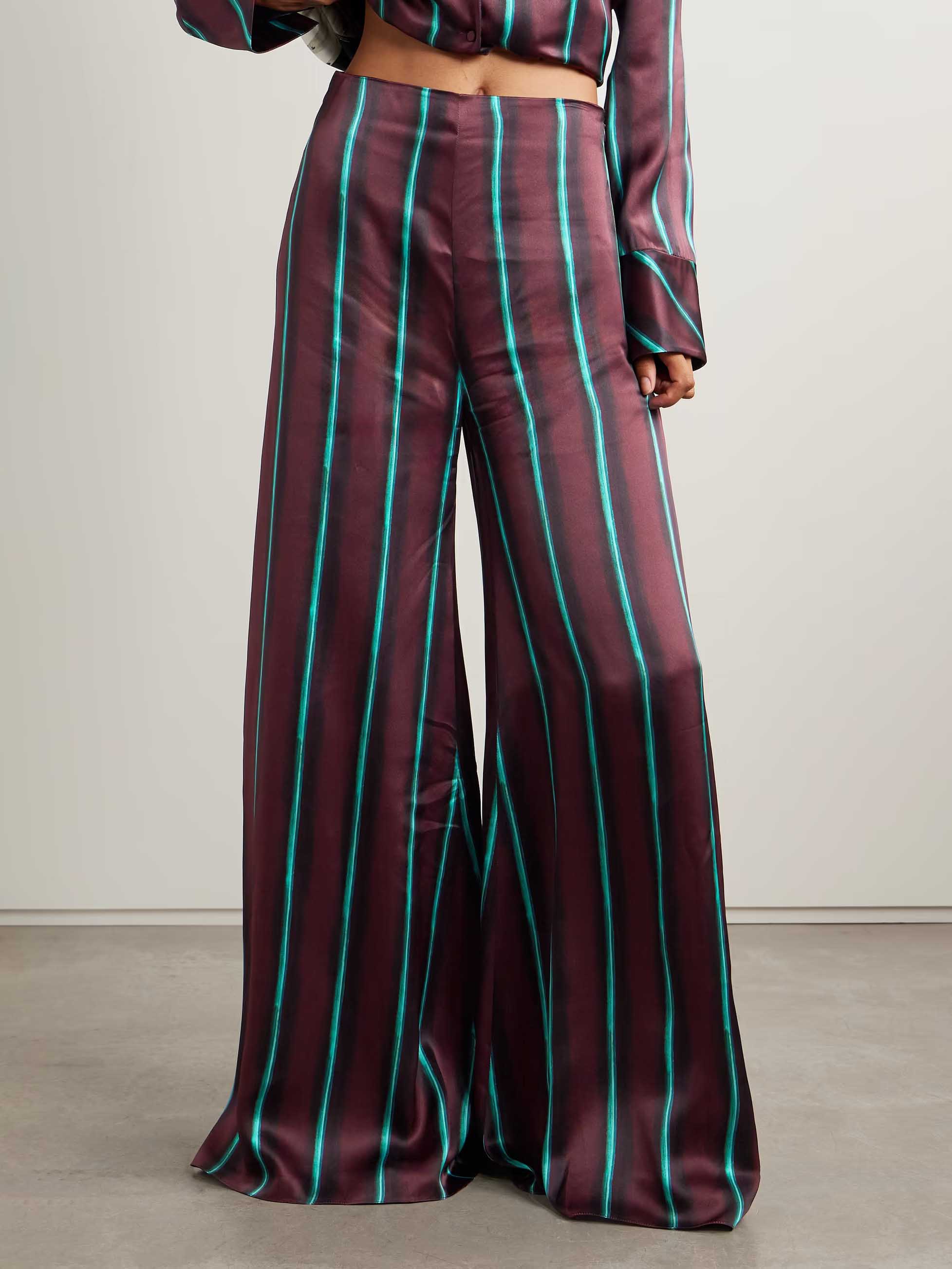 Exquisite Satin Stripe Print Flared Pants